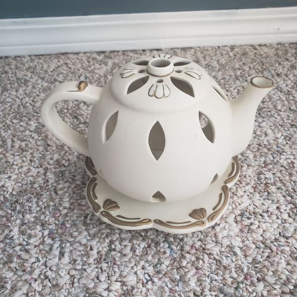 Vintage Partylite White Gold rose teapot  tealight candle holder - Picture 2 of 6